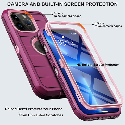 for iPhone 13 Pro Case with Belt Clip Holster & Kickstand,Built-in Screen Protector,Heavy Duty Shockproof Drop Protection Military Grade Full Body Rugged Phone Cover (6.1 Inch) (Burgundy)
