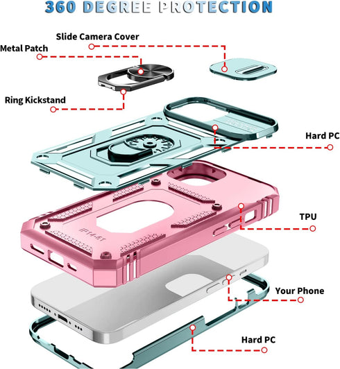 Case for iPhone 14, Shockproof Impact Resistant with Slide Lens Protective Cover, 6.1 inch (Pink Green)