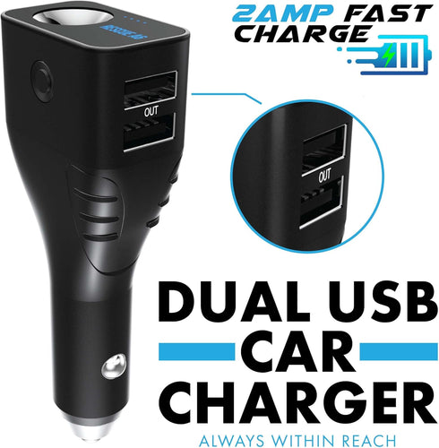 Rescue A6 Emergency 6-in-1 Car Crash Safety Device, USB Car Charger, Window Breaker, Seat Belt Cutter, 2200mAh Power