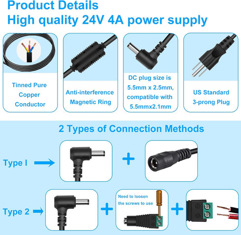 HOUHUI 24V 4A Power Supply Adapter, AC 100-240V to DC 24 Volt 4 Amp for LED Strip Light, CCTV Camera