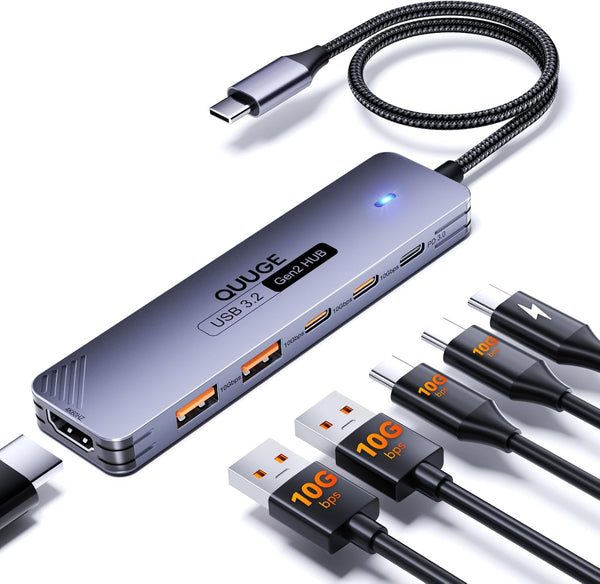 QUUGE USB C Hub 10Gbps, 6-in-1 Aluminum Multiport Adapter for Laptops, 4K@60Hz USB