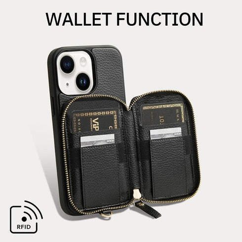ZVE iPhone 13 Wallet Case with Wristlet - Zipper Leather Case with RFID Blocking Card Holder Slots
