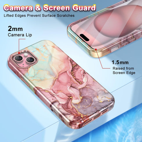 Btscase iPhone 15 Plus Case (6.7", 2023) - Rose Gold Marble Pattern, 3-in-1 Heavy Duty Shockproof Cover for Women &