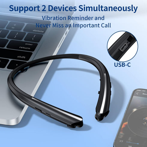 Retractable Bluetooth Headphones, Neckband Earbuds Wireless Headset, Noise Cancelling Stereo Earphones with Microphone