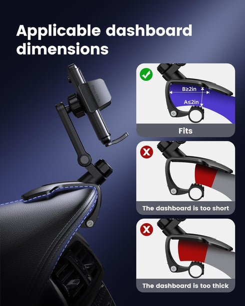 Vpryhuan 360 4-7" Dashboard Car Phone Holder Mount with Anti-Drop Clip - Rotation Multifunctional Cell Phone Holder Car