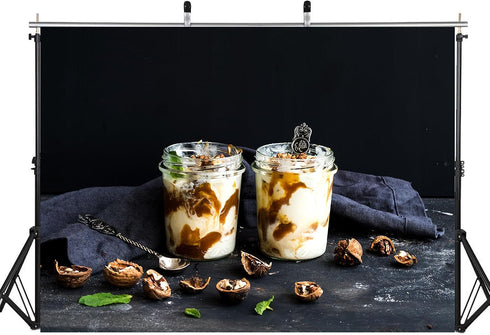 LidyMini 10x10ft Fabric Yogurt Parfaits with Caramel and Walnuts Backdrop Dark Moody Surface Mint Leaves Photography