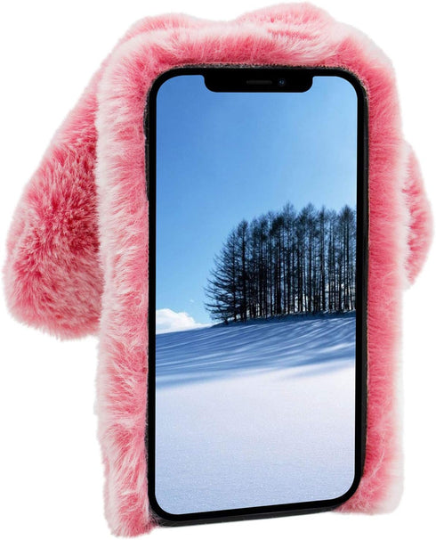 3D Bunny Ears Plush Case for iPod Touch 5/6/7, Winter Warm Handmade Bling Diamond Soft Cover, Pink