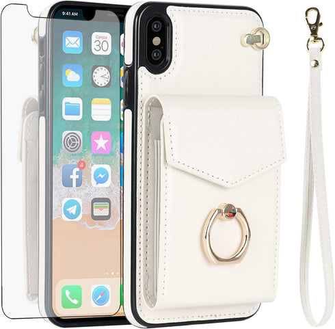Asuwish Phone Case for iPhone Xs X 10 10s, Wallet Cover with Tempered Glass Screen Protector and RFID Blocking - Off