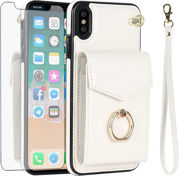 Asuwish Phone Case for iPhone Xs X 10 10s, Wallet Cover with Tempered Glass Screen Protector and RFID Blocking - Off