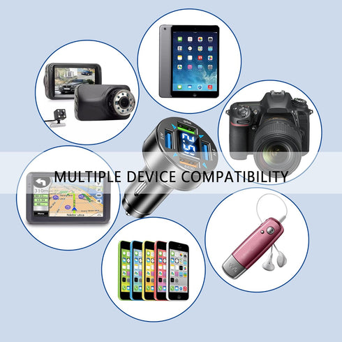 66W Fast Car Charger, 4 Ports Cigarette Lighter USB Charger with LED Voltmeter, QC3.0/Super Port Fast Charging Adapter