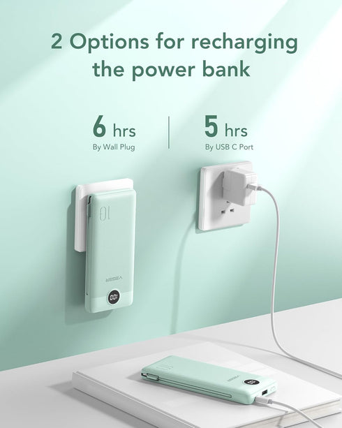 VEGER Portable Charger for iPhone - 10000mAh Slim Fast Charging USB C Power Bank with Built-in Cables, Travel Essential