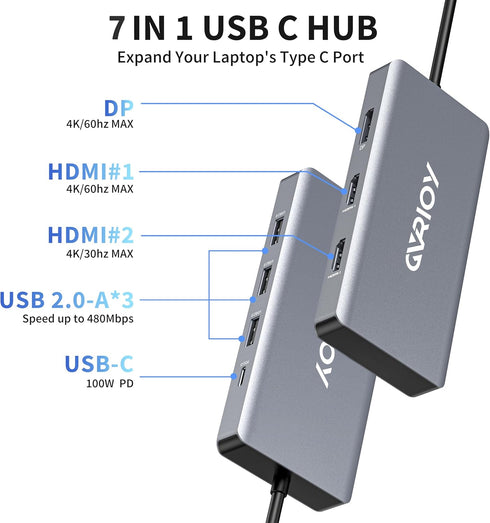 USB C to Dual HDMI Adapter, Multi Display Docking Station with 2 HDMI, Displayport, 100W PD, 3 USB Ports