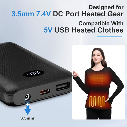 FERNIDA 10000mAh Pack 7.4V 5V/9V/12V Battery for DC Heated Vest, Pants, Shirt, Power Bank Type-C in&Out with Digital