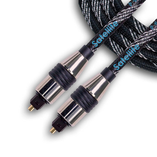 SatelliteSale Digital Toslink SPDIF Audio Optical Fiber Cable, Universal Wire, 15 feet, Nylon Black/Silver Cord