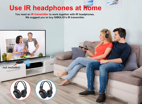 SIMOLIO 2 Pack IR Wireless Headphones for Car DVD, Universal Infrared Headphones for Kids, AUX Cord, Not Bluetooth