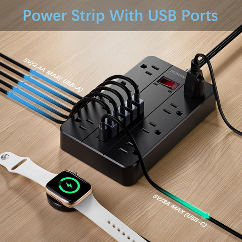 HUNIAN 5 8 6 Charger(1 Power Strip with USB Ports, Ft Extension Cord Flat Plug with Outlets, USB USB C Port), Indoor