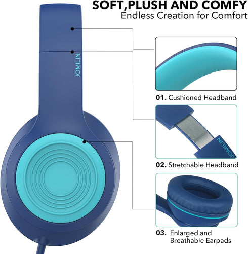 A8 Over-Ear Headphones with Microphone, Lightweight Folding Stereo Bass Headphones for Smartphone/Tablet (Blue)