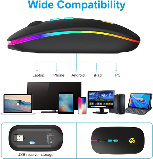 CC Store LED Wireless Bluetooth Mouse, Rechargeable Ultra Silent Slim, 2.4GHz Instant Connection, USB-C Adapter (Black)