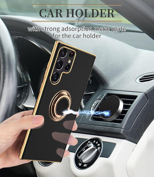 Tnarru Soft TPU Shockproof Case for Samsung Galaxy S22 Ultra with Ring Holder Kickstand, Black Electroplated