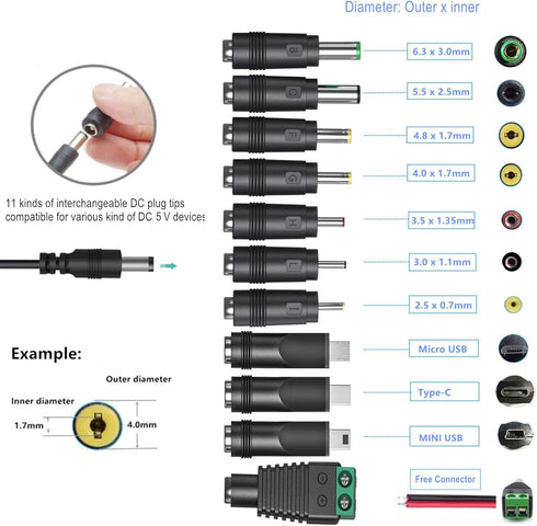 GuanTing 5V 1A DC5V 11 5Volt 1A 500mA 400mA 200mA 100mA 5V 6FT AC Adapter Power Supply Cord with Plug Tips AC to DC