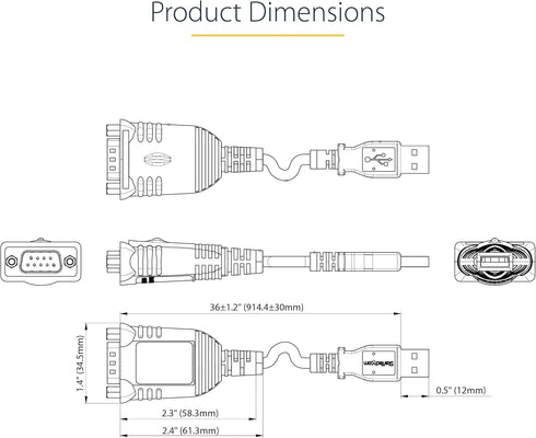 StarTech.com 3ft USB to Serial Cable, DB9 Male RS232 to USB Converter, Prolific IC Adapter for