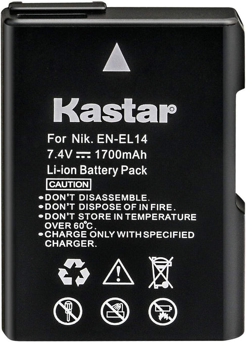 Kastar 4-Pack EN-EL14 Battery and AC Wall Charger Replacement for Nikon D5300, D5500, D5600, Df, Coolpix P7000, P7100