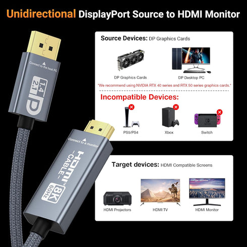 8K@60Hz 4K@240Hz/120Hz, 1.4a/2.1 2.1 Dolby 2.3, RTX4090/4080, RTX5090/5080 (3.3ft) DisplayPort to HDMI Cable Active