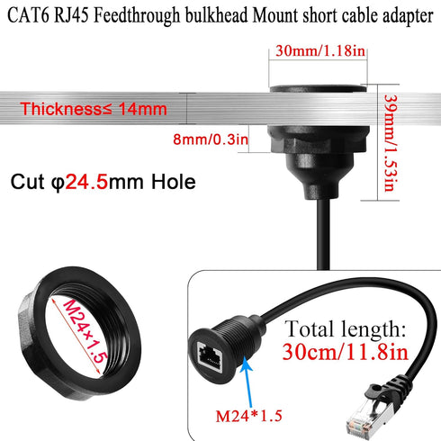 QIANRENON Cat6 RJ45 Flush Mount Network Short Cable Adapter, RJ45 8P8C Male to Female Threaded Fixed Connector,