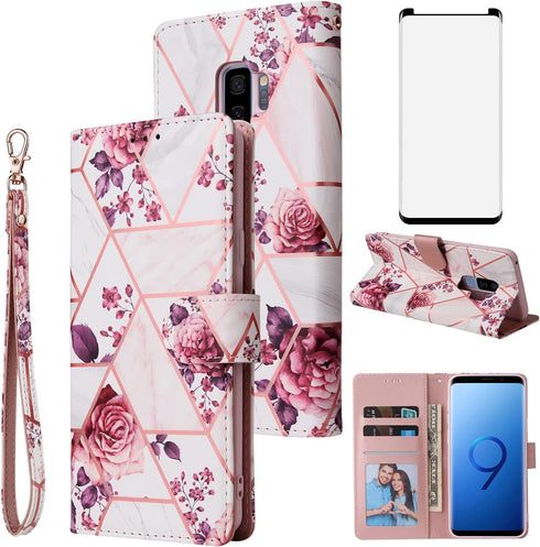 Asuwish Compatible with Samsung Galaxy S9 Plus Rose Gold Wallet Case with Tempered Glass Protector, Leather Flip Cover