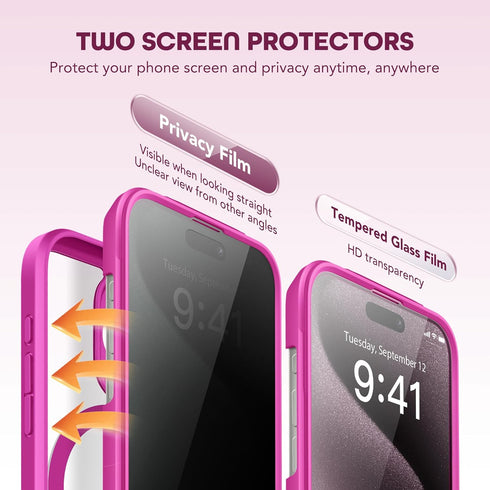 TIESZEN iPhone 15 Pro Max Case, Rose Red - Dustproof, MagSafe Compatible, 9H Tempered Glass & Privacy Screen Protectors.