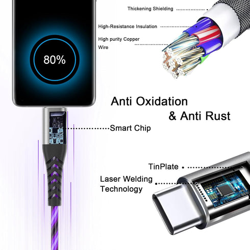 USB C to USB C Fast Charging Cable 6ft 60W 3A with LED Light Up Charger for Samsung Galaxy S23/S22/S21/S20/MacBook Pro