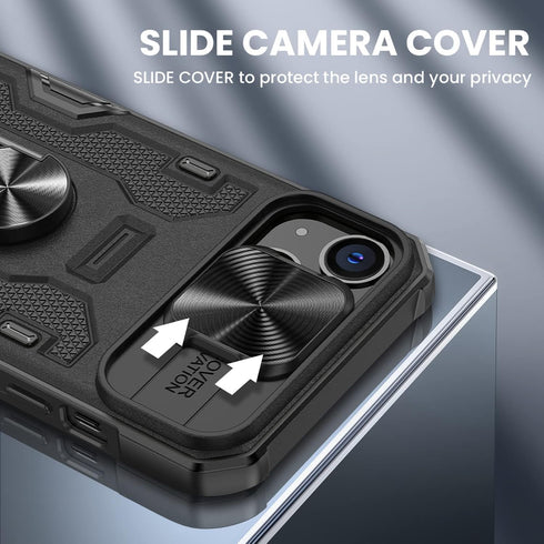 VEGO iPhone 14 Case, iPhone 13 Case with Slide Camera Cover, 360° Rotate Ring Kickstand Magnetic Shockproof - Black