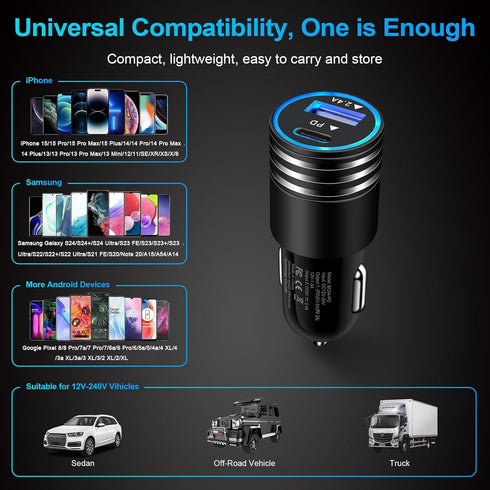 30W Fast iPhone Car Charger Type C Adapter with 3FT USB C Fast Charging Cable for iPhone 15/Samsung Galaxy S24/S23