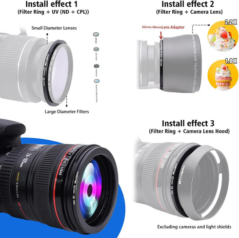 62mm Lens to 58mm Camera Lens Adapter, Step Up Ring, Compatible with All 58mm Filter Accessories