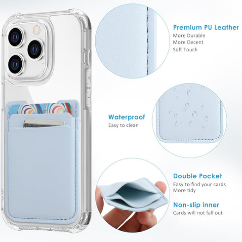 Phone Wallet Stick on, 3 Pack Card Holder for Phone Case, Leather Credit Card Sticky Wallet (Baby Blue, White, Black)