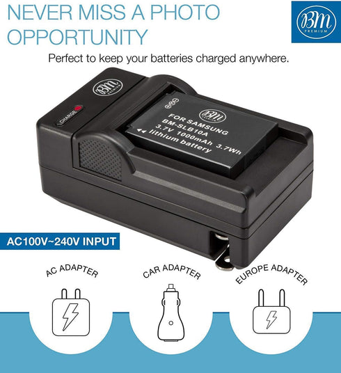 SLB-10A Battery and Charger for Samsung EX2F, HZ15W, SL202, SL420, SL620, WB150F, WB250F, WB350F Digital Camera