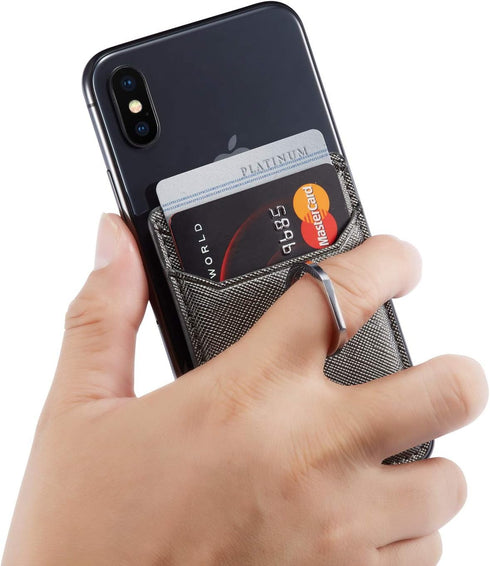BIAJIYA RFID Blocking Card Holder for Back of Phone with Ring, Leather Stick on Wallet for iPhone/Android (Gun-Metal