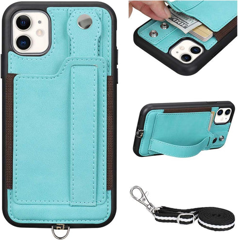 TOOVREN iPhone 11 Wallet Lanyard Case, Protective Cover with PU Leather Card Holder, Adjustable Detachable Strap