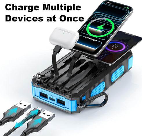 YELOMIN 20000mAh, 4 Pack Solar Power Bank Solar Charger Portable Phone Charger with Built-in Cables, USB-C Fast
