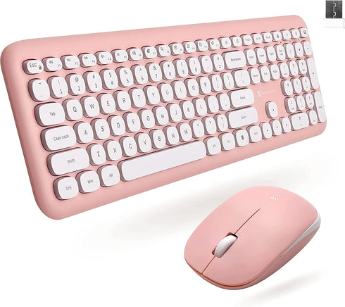 X9 Pink Keyboard and Mouse Combo - 2.4G Wireless Cute Colorful Wireless Set (110 Keys and 18 Shortcuts) for PC and