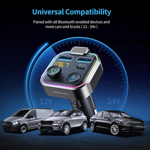 UNBREAKcable Bluetooth FM Transmitter for Car, PD 38W Fast Charging, Wireless Adapter with Hands-Free Calls, HiFi Bass
