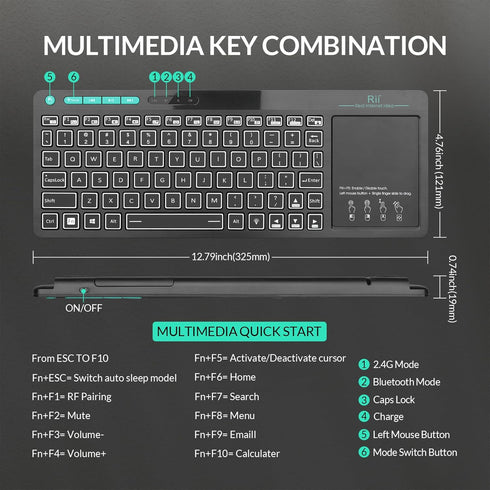 (Dual Mode) Rii RT518S Wireless and Bluetooth 2-LED Color Backlit Multimedia Keyboard with Multi-Touch Big Size Trackpad,Rechargable Keyboard for Android TV Box,PC,Tablets,Smart TV, HTPC, IPTV,Windows