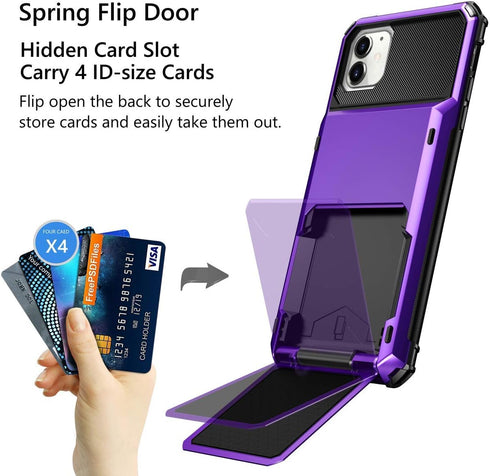 Vofolen Case for iPhone 11 Case Wallet 4-Card Holder ID Slot Flip Door Hidden Pocket Anti-Scratch Dual Layer Hybrid TPU Bumper Armor Protective Hard Shell Back Cover for iPhone 11 6.1 inch Purple