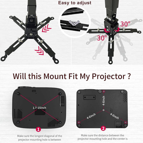 Projector Mount - Wall or Ceiling Projection Mount Bracket with Adjustable Height and Extendable Arms for Home and
