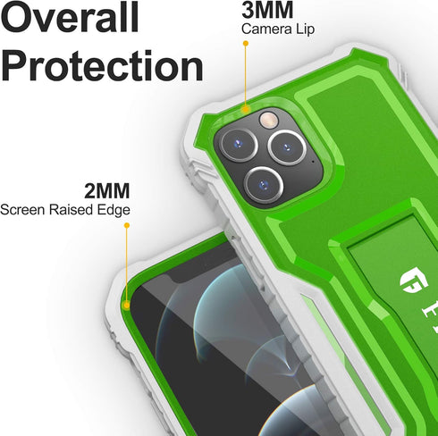 FITO iPhone 12 Pro Max Case, Dual Layer Shockproof Heavy Duty with Screen Protector, Built-in Kickstand (Green)