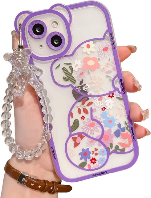 iPhone XR Case with Cute Flowers Bear Pattern, Clear Case and Lovely Strap Bracelet Chain for Girls Women, Compatible