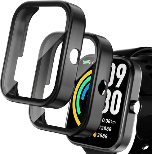 2 Pack Protective Case for TOZO S3 Smart Watch, Hard PC Bumper Cover with Built-in Tempered Glass, Black (Not for TOZO
