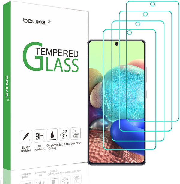 beukei Tempered Glass Screen Protector (4 Pack) for Samsung Galaxy A71/A72/A73 (6.7", 4G/5G), Touch Sensitive, Case