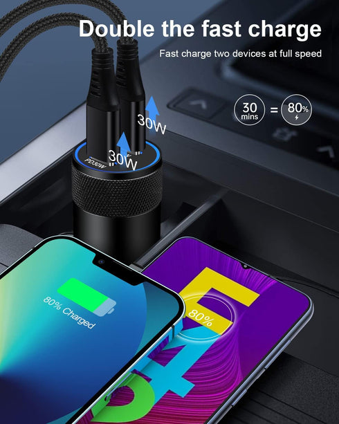 Super Fast Car Charger for Samsung Galaxy, 3 Pack 60W Dual-Port USB-C Car Charger Cigarette Lighter Adapter + 2pcs PD