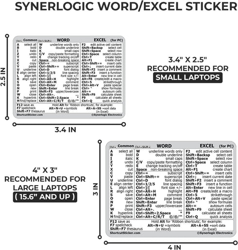 SYNERLOGIC Microsoft Word/Excel Reference Guide Keyboard Shortcut Sticker, Laminated Vinyl (White/Large)